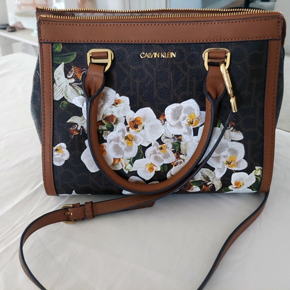 Calvin Klein Janae Orchid Logo Print Satchel in Brown